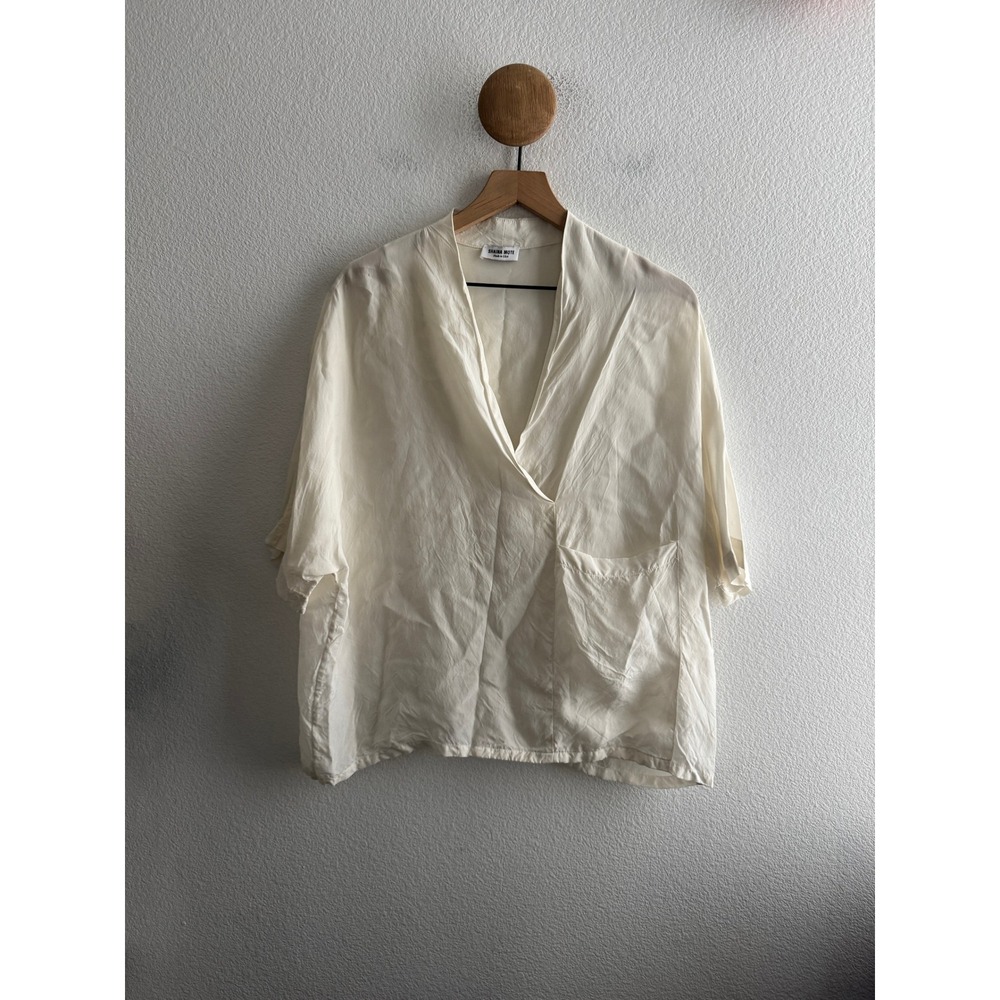 Shaina Mote Ivory Cupra Short Sleeve V-Neck with Pocket Blouse Top Size 8 *Hole*